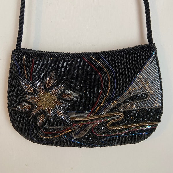 Vintage Starburst Beaded Evening Bag - Star Black Gold Silver Purse Handbag Party Event Accessories Collectable