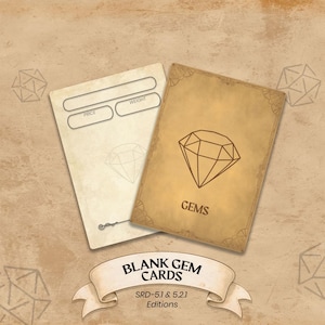 May include: Two blank gem cards with a diamond illustration. One card is off-white with fields for price and weight. The other is tan with the word "GEMS" and a diamond graphic. The words "BLANK GEM CARDS" are on a banner.