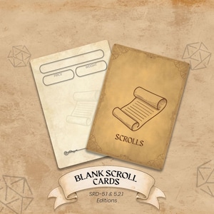 May include: Two blank scroll cards with a parchment-like appearance. One card has fields for price and weight. The other card features a scroll illustration and the word "SCROLLS". The banner at the bottom reads "BLANK SCROLL CARDS".