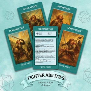 May include: A collection of fantasy role-playing game cards featuring illustrations of armored figures with swords. The cards are labeled with terms like "Extra Attack," "Indomitable," and "Action Surge." The text on the cards describes various fighter abilities.