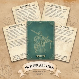 May include: A set of fantasy role-playing game cards. The central card shows a teal illustration of a warrior with a sword, labelled "Fighter." Cards around it describe abilities such as "Tactical Mind" and "Weapon Mastery." The banner at the bottom reads "Fighter Abilities."