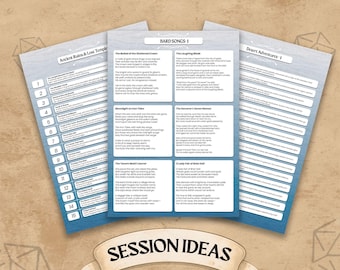 May include: Three printed sheets with text, including "BARD SONGS 1" and "Desert Adventures-1". The sheets are arranged on a light brown surface, with a banner reading "SESSION IDEAS" at the bottom. The sheets contain text.