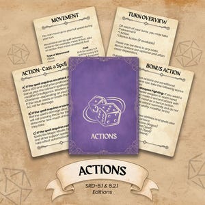 Puede incluir: Un conjunto de cartas de juego de rol de fantasía. La tarjeta central, morada, presenta dados y la palabra «ACTIONS». Otras cartas detallan el movimiento, la descripción general del turno, las acciones de bonificación y el lanzamiento de hechizos. Las cartas son de color beige con texto negro.