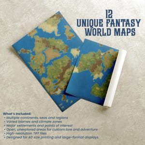 May include: Two fantasy world maps with blue oceans and detailed landmasses in shades of green and brown. The maps are titled "12 UNIQUE FANTASY WORLD MAPS". One map is partially rolled. The image includes a list of features, such as multiple continents and high-resolution TIFF files.