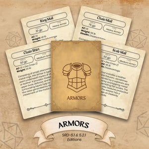 Puede incluir: Un conjunto de cartas de juego de rol de fantasía que presentan diferentes tipos de armaduras. Las cartas muestran ilustraciones de armaduras, incluyendo Ring Mail, Chain Mail, Chain Shirt y Scale Mail. Cada carta enumera estadísticas.