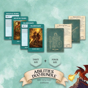 May include: A collection of fantasy-themed cards, including "Jack of All Trades" and "Paladin's Smite." The cards feature illustrations of characters and text. The image also includes the text "Abilities Duo Bundle" and "Tarot Size + Poker Size."