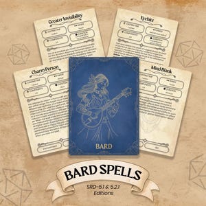 Bard Spell Cards för Dungeons & Dragons 5:e upplagan - (Utskrivbar PDF) - DnD 5E Brädspelstillbehör för spelare och DM:ar