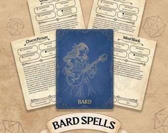 Può includere: Una collezione di carte di gioco di ruolo fantasy. La carta centrale è blu con un'illustrazione dorata di un bardo che suona un liuto. Le carte circostanti descrivono incantesimi come 'Maggiore invisibilità' e 'Affascinare persona'. Lo striscione recita 'BARD SPELLS'.