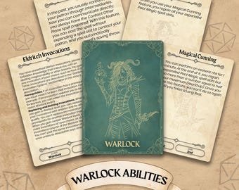 Könnte beinhalten: Eine Sammlung von Warlock-Fähigkeitskarten für ein Tabletop-Rollenspiel. Die zentrale Karte zeigt einen tealfarbenen Hintergrund mit einer detaillierten Strichzeichnung eines Charakters mit der Bezeichnung "Warlock". Andere Karten beschreiben Fähigkeiten wie "Contact Patron" und "Eldritch Master".