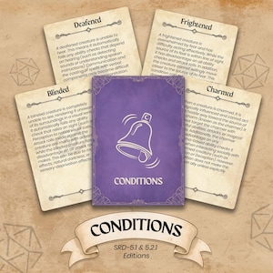 Peut inclure: Un ensemble de cartes de jeu de rôle fantastique. Les cartes présentent des descriptions de conditions de jeu telles que « Deafened » et « Blinded ». Une carte centrale violette affiche une cloche et le mot « CONDITIONS ».