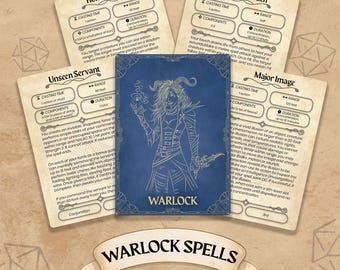 May include: A collection of fantasy role-playing game cards. The cards feature spell descriptions like "Hold Monster" and "Vampiric Touch." A central card displays a blue illustration of a warlock. The words "Warlock Spells" and "SRD-5.1 & 5.2.1 Editions" are also visible.