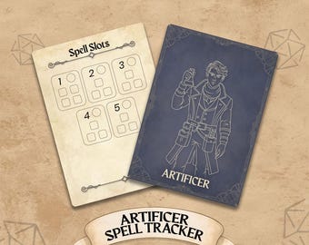 May include: Two cards for a role-playing game. One card is off-white with spell slots numbered 1-5. The other card is dark blue with a white illustration of a character and the word "ARTIFICER". A banner at the bottom reads "ARTIFICER SPELL TRACKER".