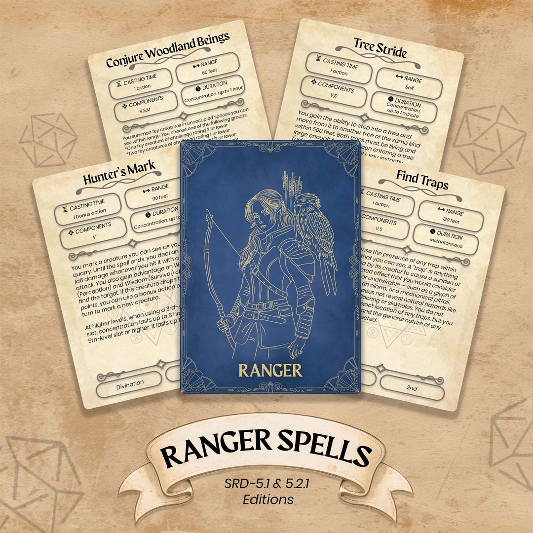 All Ranger Spells Ranger Spell Cards for Dungeons & Dragons 5th Edition - (printable PDF ...
