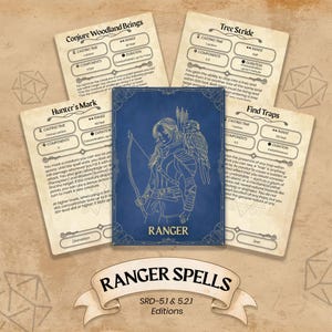 May include: A collection of fantasy role-playing game spell cards. The central card is blue with a ranger illustration and the word "RANGER". Other cards detail spells like "Conjure Woodland Beings" and "Hunter's Mark". The bottom banner reads "RANGER SPELLS".