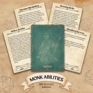 May include: A collection of fantasy role-playing game cards featuring a teal Monk character card with a staff, surrounded by ability cards. The cards have text descriptions and are set against a tan background.