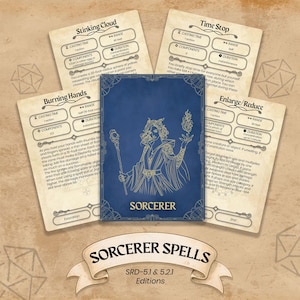 Może przedstawiać: Zestaw kart zaklęć do gry fabularnej fantasy i niebieska książka zatytułowana "Sorcerer". Karty zawierają zaklęcia takie jak "Stinking Cloud" i "Burning Hands". Książka ma złotą ilustrację czarownika.