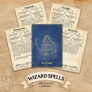 Puede incluir: Un conjunto de cartas de hechizos para un juego de rol de fantasía. La tarjeta central presenta un fondo azul con una ilustración de mago y la palabra "WIZARD". Otras cartas detallan hechizos como "Telequinesis" y "Onda de trueno".