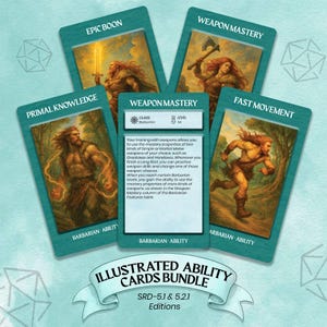 May include: A teal-colored Illustrated Ability Cards Bundle featuring illustrations of a barbarian wielding weapons. The cards include titles like "Epic Boon," "Weapon Mastery," and "Primal Knowledge." The text "Illustrated Ability Cards Bundle" is also visible.