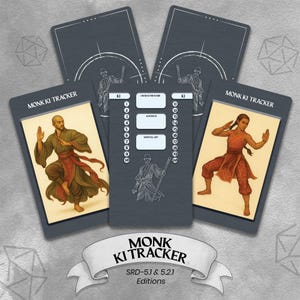 Può includere: Un set di carte Monk Ki Tracker con illustrazioni di artisti marziali. Le carte sono grigie con bordi beige e presentano campi di testo per le informazioni sul personaggio. Il titolo "Monk Ki Tracker" è visualizzato su un banner in basso.