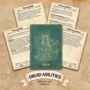 Może przedstawiać: Zestaw kart do gry fabularnej fantasy. Centralna karta przedstawia turkusową ilustrację Druida z towarzyszami zwierzęcymi. Inne karty szczegółowo opisują zaklęcia i umiejętności, takie jak "Beast Spells" i "Elemental Fury". Karty są na tle przypominającym pergamin.