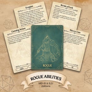 May include: A set of Rogue ability cards for a tabletop role-playing game. The cards feature text descriptions of abilities like Evasion and Cunning Action. The central card displays a hooded figure with a sword, labeled "Rogue."