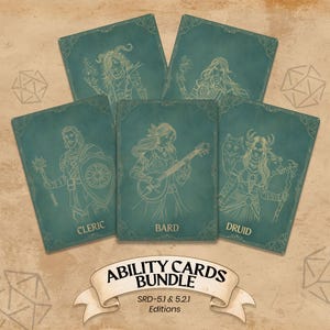May include: A bundle of five teal Ability Cards with white line art illustrations of fantasy characters. The cards are labeled Cleric, Bard, and Druid, with the text "Ability Cards Bundle" and "SRD-5.1 & 5.2.1 Editions" on a banner below.