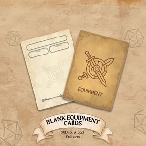Op de afbeelding: Twee blanco uitrustingskaarten met een perkamentachtige uitstraling. Eén kaart heeft velden voor prijs en gewicht. De andere kaart heeft een zwaard- en schildembleem en het woord "EQUIPMENT". De banner onderaan luidt "BLANK EQUIPMENT CARDS".