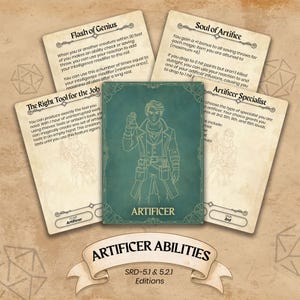 Pode incluir: Um conjunto de cartas de RPG de fantasia com a classe "Artificer". As cartas têm uma estética vintage com descrições de texto e ilustrações. A carta central exibe uma ilustração do personagem Artificer. As cartas são rotuladas com habilidades e nível.