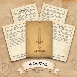 May include: A set of fantasy role-playing game weapon cards. The cards display illustrations of weapons such as a light hammer, mace, and greatclub. The central card shows a sword and the word "WEAPONS". The banner at the bottom reads "SRD-5.1 & 5.2.1 Editions".