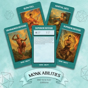 May include: A collection of five fantasy-themed game cards with illustrations of martial artists in action. The cards feature titles like "Slow Fall," "Martial Arts," and "Superior Defense." The text "Monk Abilities" and "SRD-5.1 & 5.2.1 Editions" are also visible.