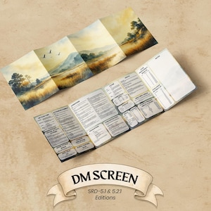 May include: A tabletop role-playing game DM screen with a landscape painting on the outside panels. The inside panels contain game information. The screen is labeled "DM SCREEN" with "SRD-5.1 & 5.2.1 Editions" below.