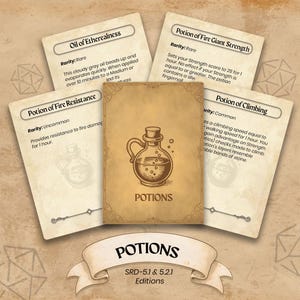 May include: A set of fantasy-themed cards with potion descriptions. The central card shows a brown potion bottle illustration with the word "POTIONS". Other cards detail "Oil of Etherealness", "Potion of Fire Resistance", "Potion of Fire Giant Strength", and "Potion of Climbing".