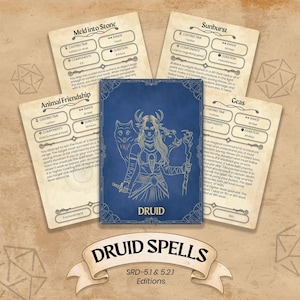May include: A collection of fantasy role-playing game cards. The central card is blue with a Druid illustration and the word "DRUID". Surrounding cards detail spells like "Meld into Stone" and "Animal Friendship". The banner at the bottom reads "DRUID SPELLS".
