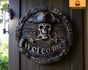 Pirate Skull Welcome Sign 2D: Vintage Sturdy Wood-Look Halloween Decor