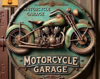 Vintage Motorcycle Garage Sign 2D: Retro Sturdy Wood-Look Wall Art