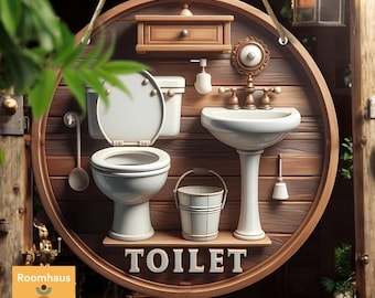 Letrero divertido para el baño: Decoración rústica y resistente con aspecto de madera en 2D