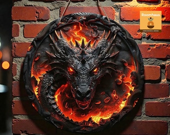 Wooden Black Dragon Wall Art,Round Sign, Fire Theme Fantasy Decor