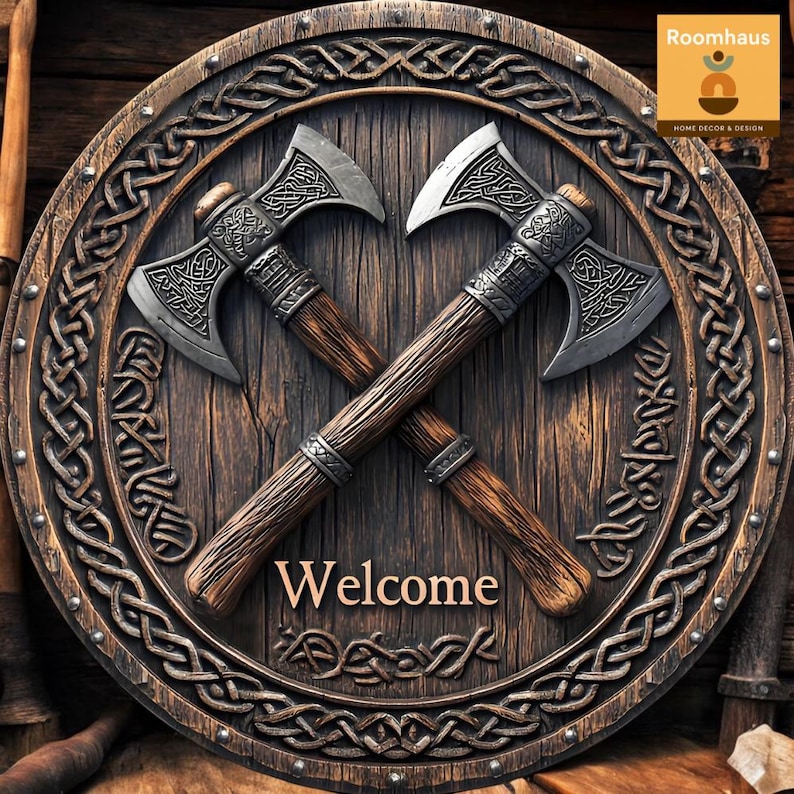 May include: Wooden shield with two crossed axes. The axes have silver blades and detailed handles. The shield is decorated with Celtic knotwork and the word "Welcome" in a stylized font. The overall design has a rustic, Viking theme.