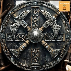 May include: A round, dark wooden shield with a weathered appearance. Two crossed axes with intricate silver designs are centered on the shield. A small, round metal shield is in the center. The shield has a decorative border and is a home decor item.