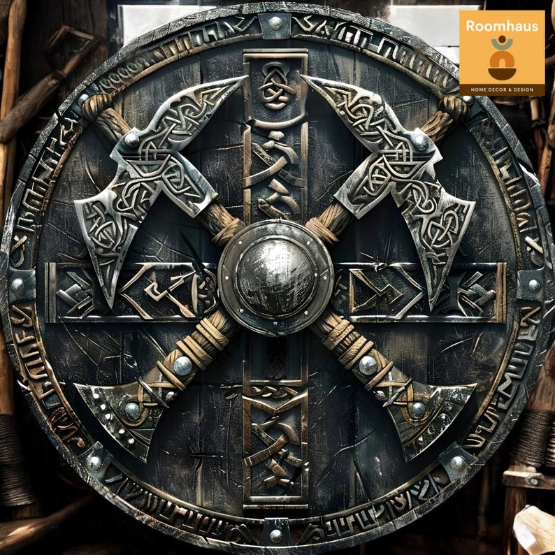 May include: A round, dark wooden shield with a weathered appearance. Two crossed axes with intricate silver designs are centered on the shield. A small, round metal shield is in the center. The shield has a decorative border and is a home decor item.