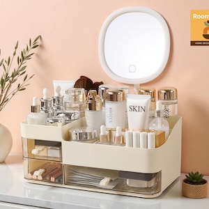 Cosmetic Organizer with Mirror, Chic Vanity Makeup Storage Box