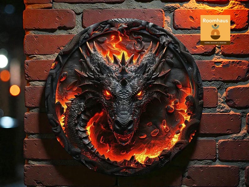 Wooden Black Dragon Wall Art,round Sign, Fire Theme Fantasy Decor - Etsy