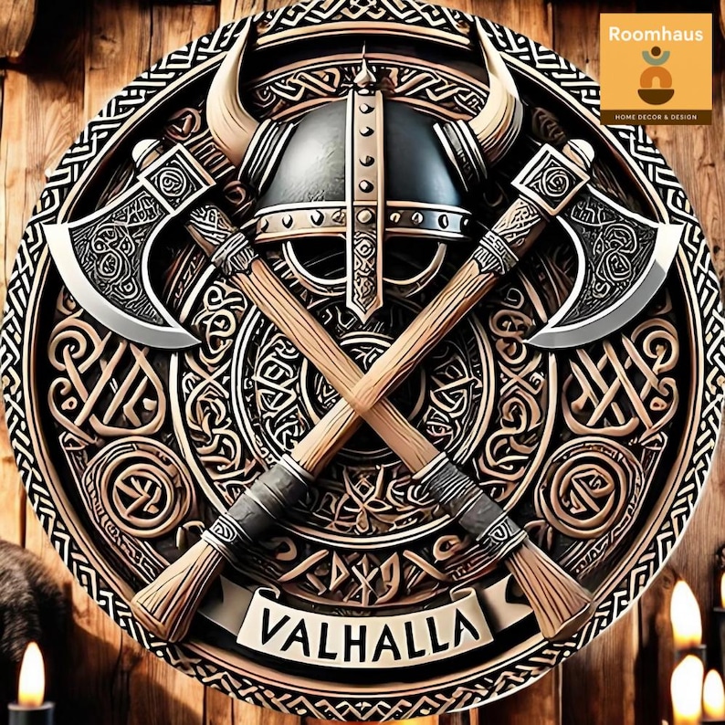 May include: A circular wooden wall art piece featuring a Viking helmet, crossed axes, and the word "VALHALLA" on a banner. The design incorporates intricate Celtic knotwork and a color palette of brown, gold, and silver.