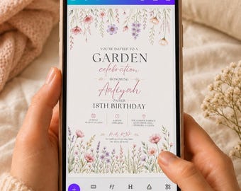 Invitación de cumpleaños con temática de jardín de flores silvestres, plantilla floral editable para Canva.