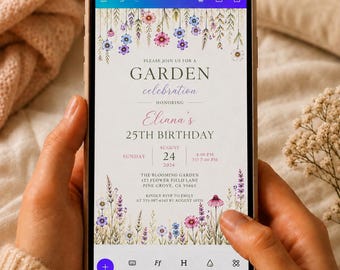 Invitación de cumpleaños con temática de jardín de flores silvestres (descarga digital), plantilla editable de Canva para invitación a fiesta en un jardín floral (descarga instantánea)
