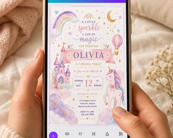 Invitación de cumpleaños de unicornio editable, mágica fiesta de cumpleaños de unicornio arcoíris pastel, fiesta de unicornio de cuento de hadas caprichosa, descarga instantánea UY6