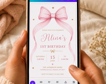 Pink Coquette Bow 1st Birthday Invitation, Editable Pink Bow First Birthday Invite Canva Template Digital Download