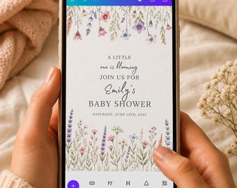 Letrero de bienvenida "Bebé en flor", plantilla de Canva para decoración de baby shower con flores silvestres