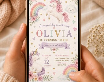 Invitación de cumpleaños mágica de unicornio arcoíris pastel, editable, para fiesta de cumpleaños de unicornio, fiesta de unicornio de cuento de hadas caprichosa, descarga instantánea UY6