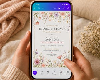 Plantilla de Canva para invitación de cumpleaños floral editable con flores silvestres y temática de jardín.